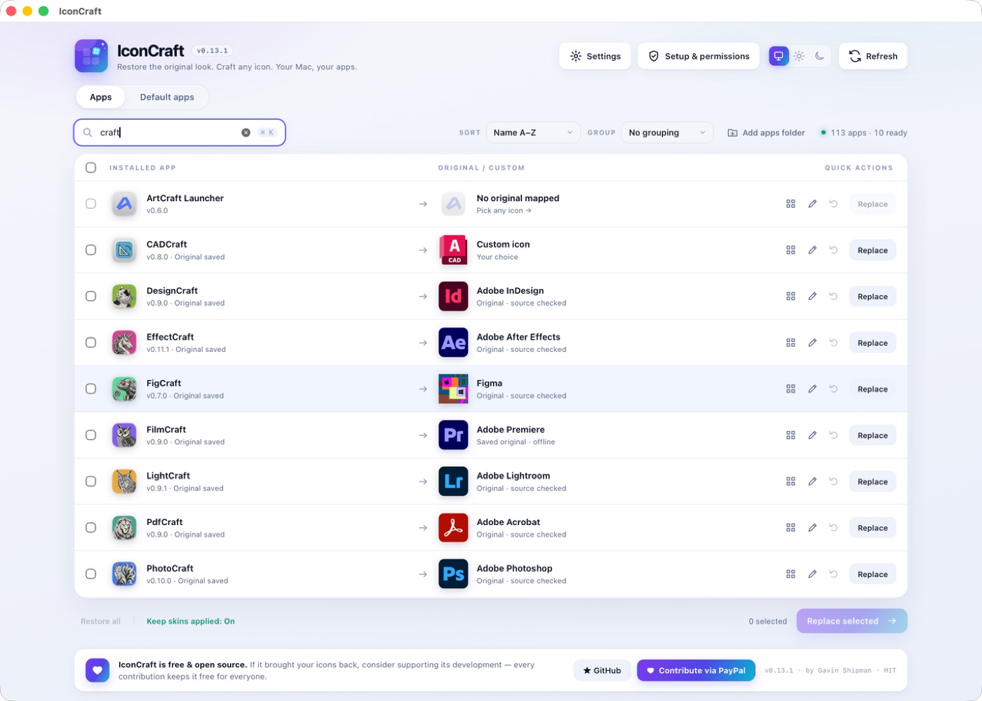IconCraft main window listing every installed app with its current and original icon