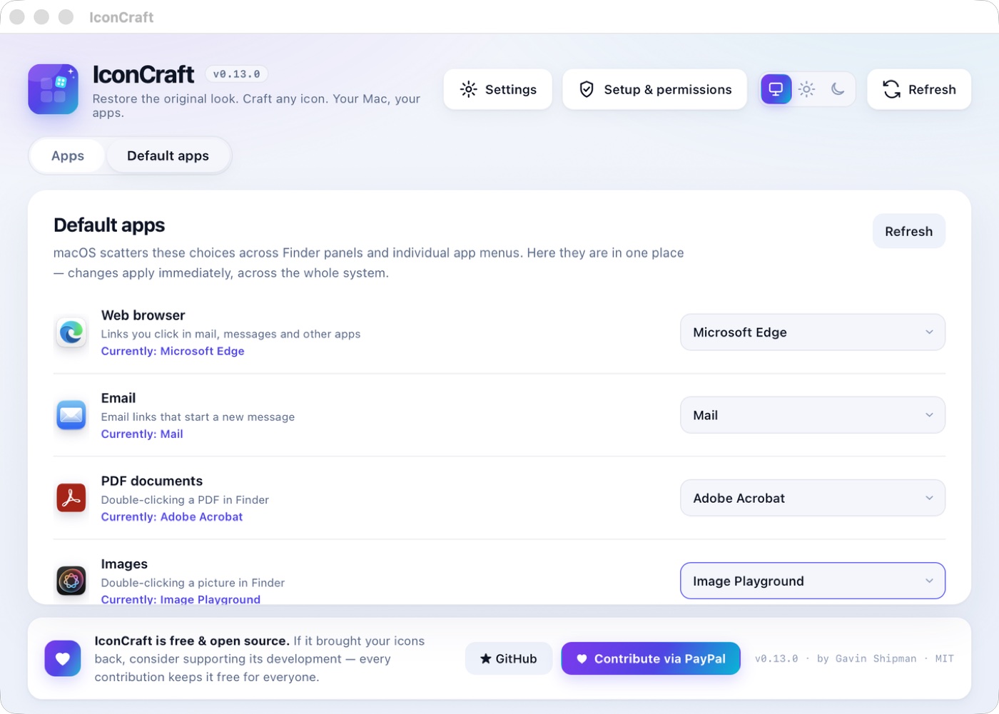 Default apps tab listing categories with their current default app and a switcher